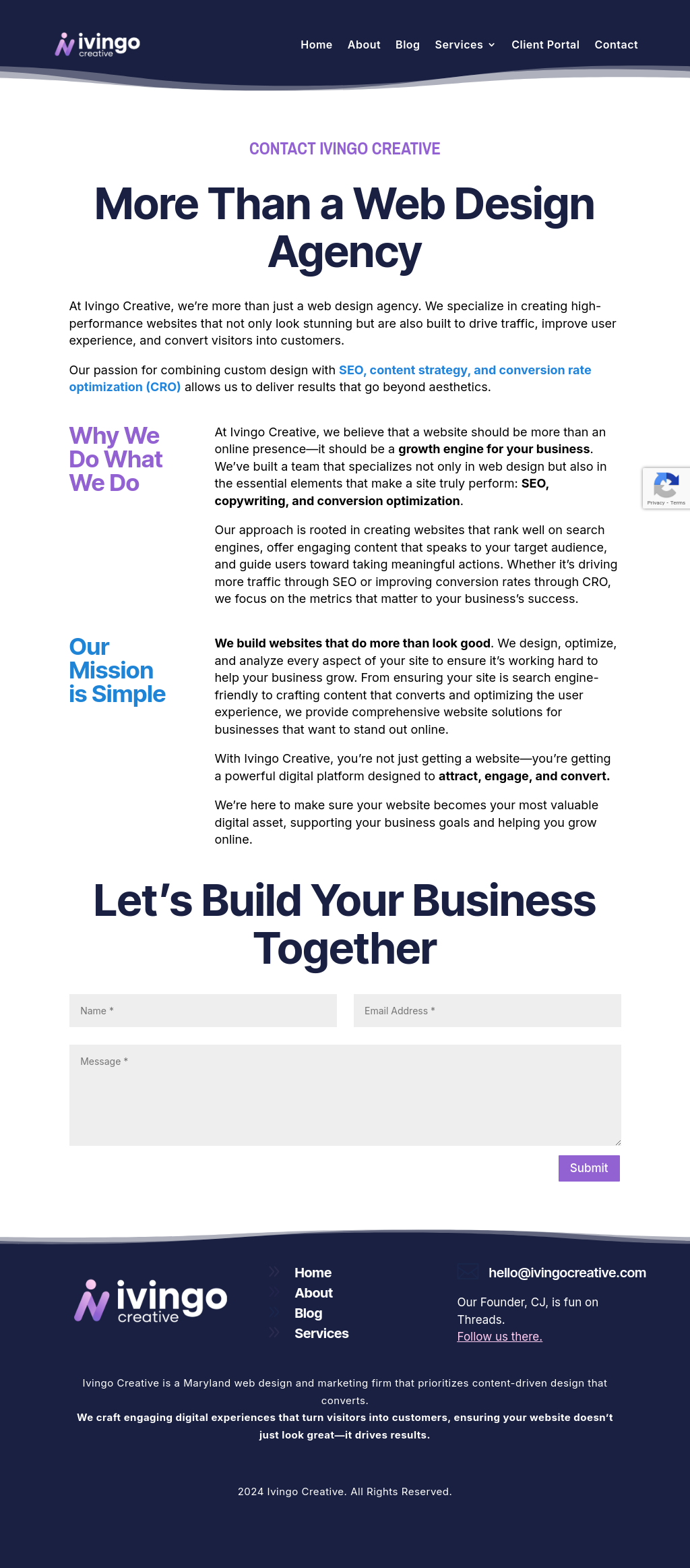 Ivingo Creative's Contact Page on December 28th, 2024