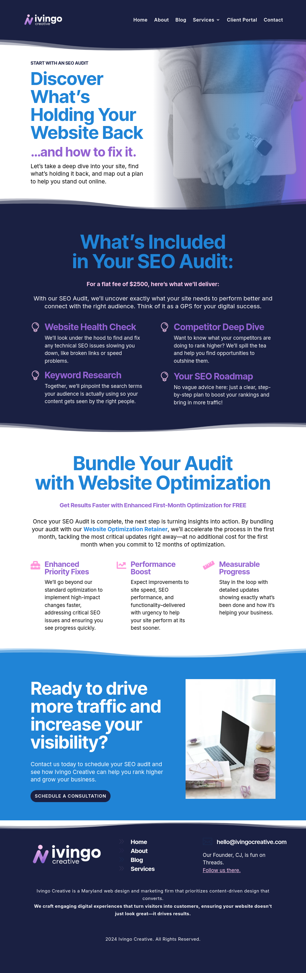 Ivingo Creative's SEO Services Landing Page on December 28th, 2024