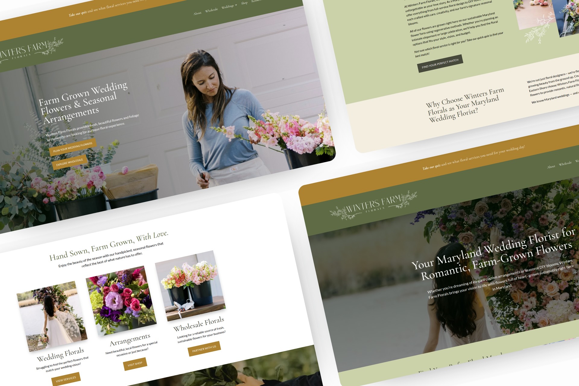 Background image of various website screenshots showing wintersfarmflorals.com homepage and weddings landing page